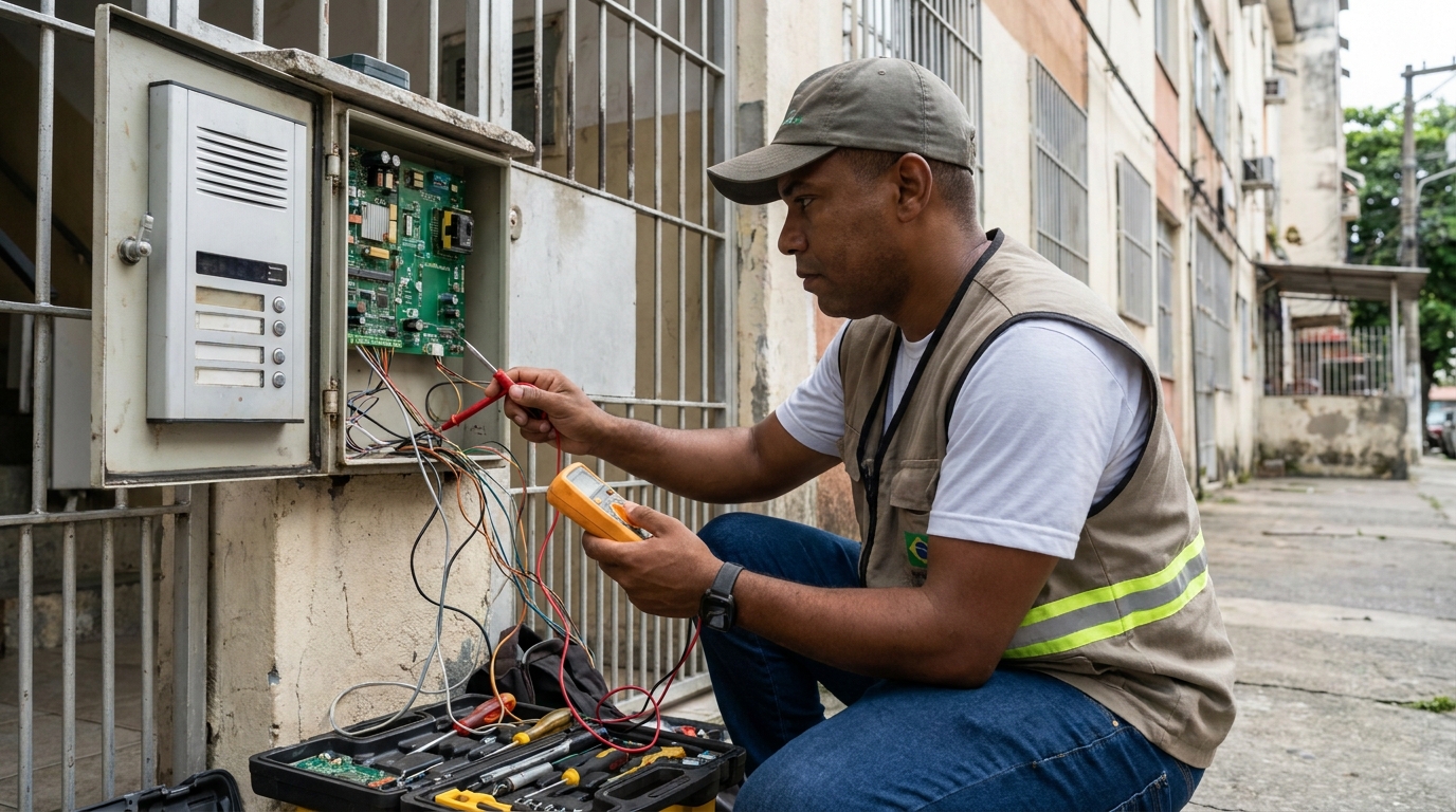 Eletricista consertando interfone em Curitiba‑PR