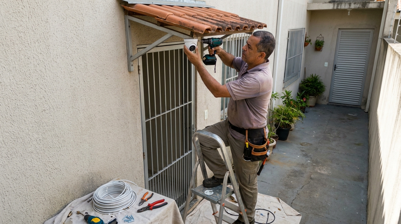Eletricista instalando cameras de seguranca em Curitiba‑PR