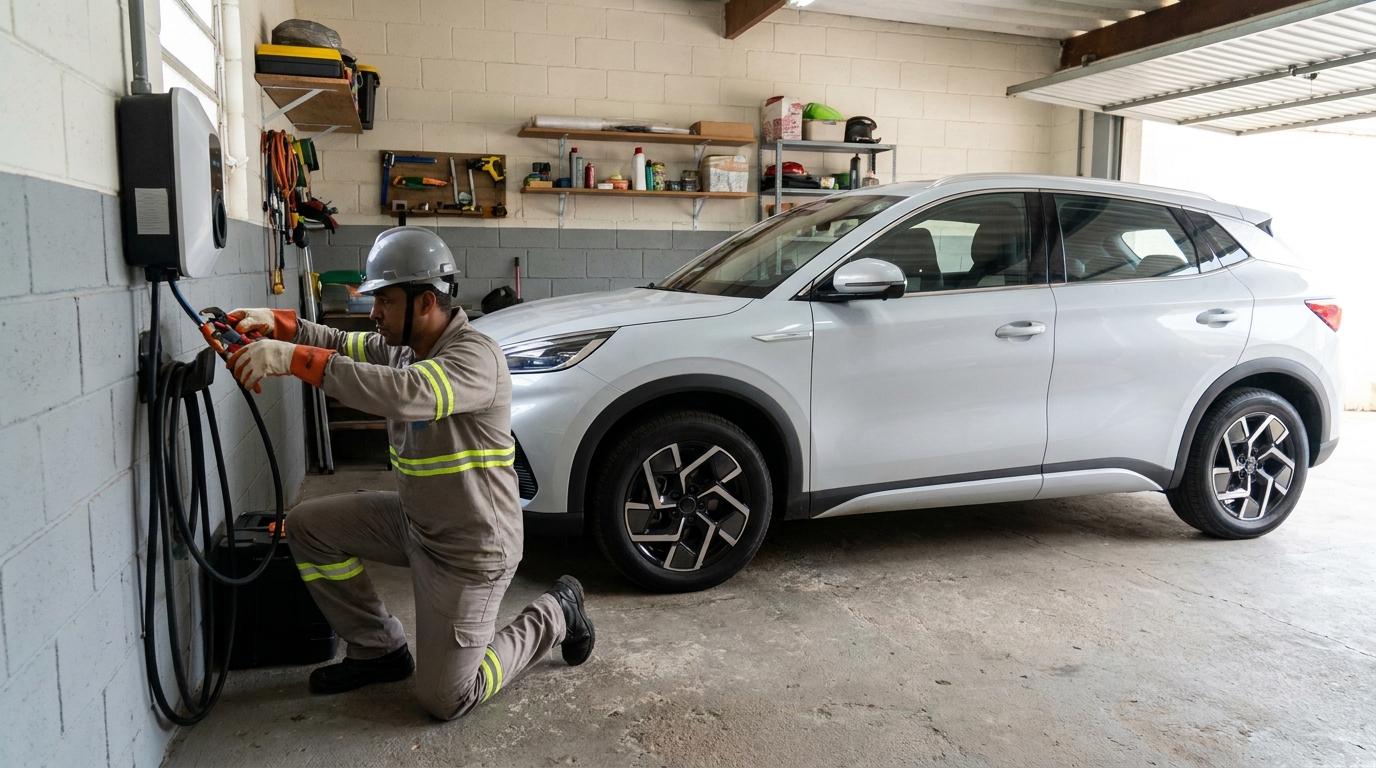 Eletricista instalando carregador de carro eletrico em Curitiba‑PR
