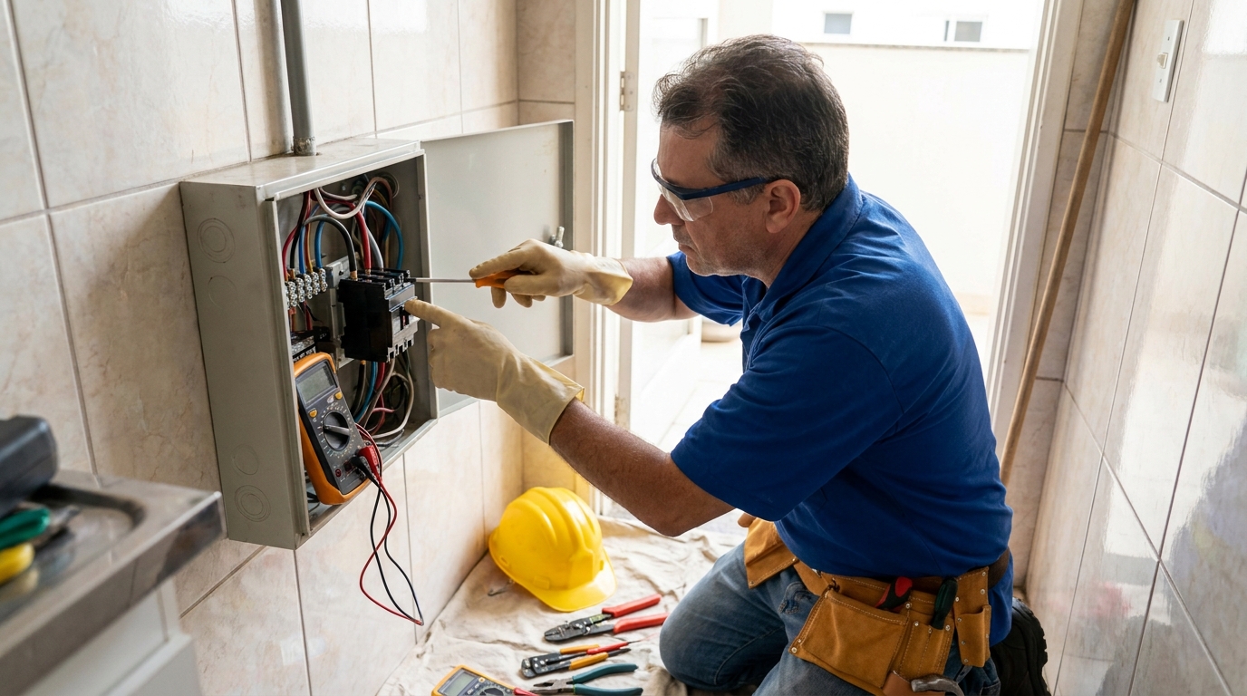 Eletricista instalando disjuntor em Curitiba‑PR