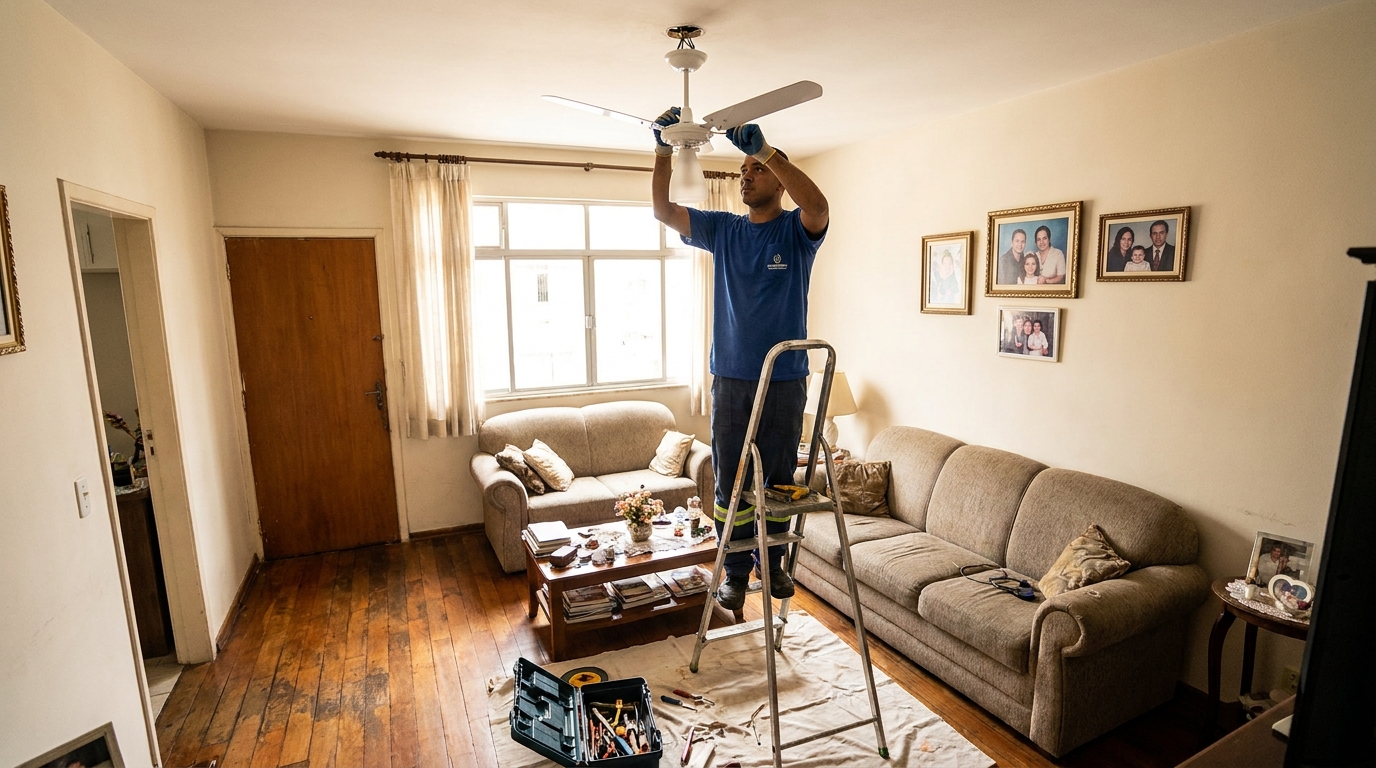 Eletricista instalando ventilador de teto em Curitiba‑PR